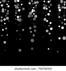 Silver confetti on a black background. Luxury festive background. Silver translucent abstract dots are scattered on a black background. Element of design. Vector illustration, EPS 10.