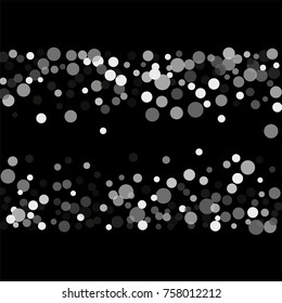 Silver confetti on a black background. Luxury festive background. Silver translucent abstract dots are scattered on a black background. Element of design. Vector illustration, EPS 10.