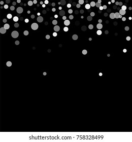 Silver confetti on a black background. Luxury festive background. Silver translucent abstract dots are scattered on a black background. Element of design. Vector illustration, EPS 10.