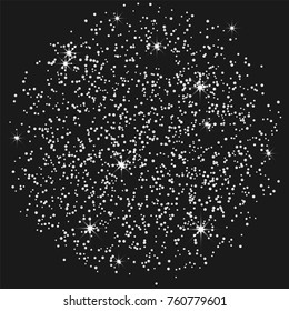 Silver confetti on a black background. Luxury festive background. Silver grainy abstract texture on a black background. Element of design. Vector illustration, EPS 10.