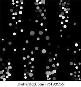 Silver confetti on a black background. Luxury festive background. Silver translucent abstract dots are scattered on a black background. Element of design. Vector illustration, EPS 10.