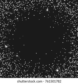 Silver confetti on a black background. Luxury festive background. Silver grainy abstract texture on a black background. Element of design. Vector illustration, EPS 10.