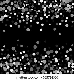 Silver confetti on a black background. Luxury festive background. Silver translucent abstract dots are scattered on a black background. Element of design. Vector illustration, EPS 10.