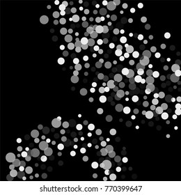 Silver confetti on a black background. Luxury festive background. Silver translucent abstract dots are scattered on a black background. Element of design. Vector illustration, EPS 10.