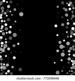 Silver confetti on a black background. Luxury festive background. Silver translucent abstract dots are scattered on a black background. Element of design. Vector illustration, EPS 10.
