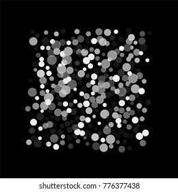 Silver confetti on a black background. Luxury festive background. Silver translucent abstract dots are scattered on a black background. Element of design. Vector illustration, EPS 10.
