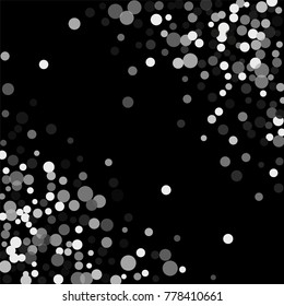 Silver confetti on a black background. Luxury festive background. Silver translucent abstract dots are scattered on a black background. Element of design. Vector illustration, EPS 10.