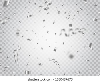 Silver confetti on transparent background. Falling shiny silver confetti and pieces of serpentine. Bright festive tinsel. Birthday decoration. Holiday party design elements. Vector illustration.