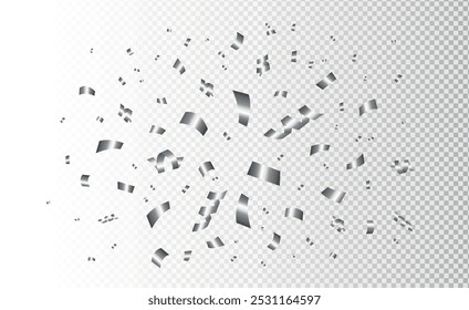 Confeti de plata sobre fondo transparente. Fondo de celebración con oropel caído realista. Vacaciones de Plantilla de lujo, aniversario, cumpleaños. Elementos de decoración de vuelo. Serpentina brillante y brillante.