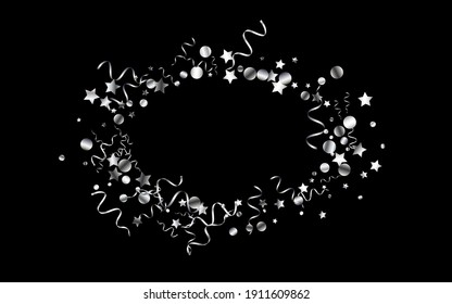 Silver Confetti Paper Vector Black Background. Flying Star Template. Ribbon Happy Design. Silver Christmas Plant.