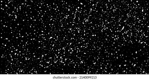 Un confeti plateado apunta sobre un fondo negro. Lujoso marco festivo. La textura abstracta granulada de plata se desborda sobre un fondo negro. Elemento de diseño. Ilustración del vector, EPS 10. 