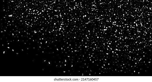 Un confeti plateado apunta sobre un fondo negro. Lujoso marco festivo. La textura abstracta granulada de plata se desborda sobre un fondo negro. Elemento de diseño. Ilustración del vector, EPS 10. 