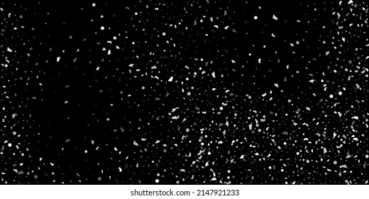 Silver confetti point on a black background. Luxury festive background. Silver grainy abstract texture overflows against a black background. Element of design. Vector illustration, EPS 10. 