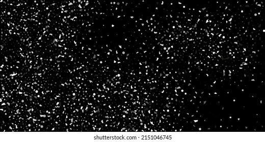 Silver confetti point on a black background. Luxury festive background. Silver grainy abstract texture overflows against a black background. Element of design. Vector illustration, EPS 10. 