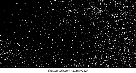 Silver confetti point on a black background. Luxury festive background. Silver grainy abstract texture overflows against a black background. Element of design. Vector illustration, EPS 10. 
