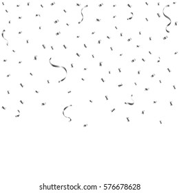 Silver Confetti And Ribbon Falling On White Background. Vector