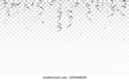 Silver confetti and ribbon isolated on transparent background