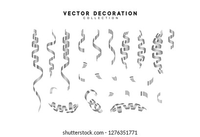 Silver Confetti and serpentine, isolated realistic different shapes