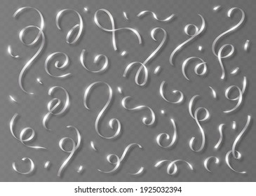 Silver confetti set, shiny ribbons with shadows isolated on grey background. Decorative tinsel and pieces of serpentine. Realistic party decoration. Vector illustration.