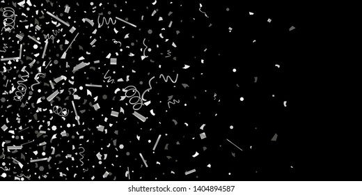 Silver confetti. Silver shine texture on a black background. Element of design. Silvery abstract textures are chaotically falling. Vector Illustration, EPS 10.