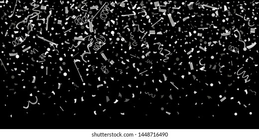 Silver confetti. Silver shine texture on a black background. Element of design. Silvery abstract textures are chaotically falling. Vector Illustration, EPS 10.