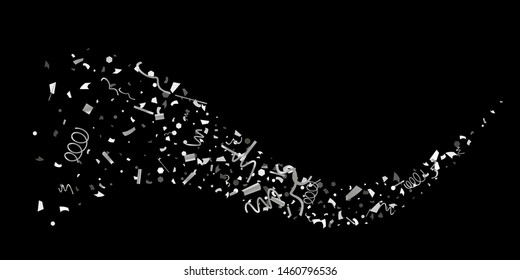 Silver confetti. Silver shine texture on a black background. Element of design. Silvery abstract textures are chaotically falling. Vector Illustration, EPS 10.
