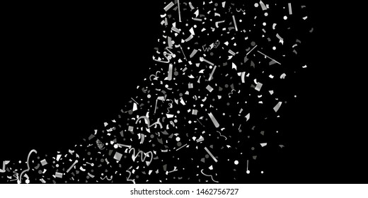 Silver confetti. Silver shine texture on a black background. Element of design. Silvery abstract textures are chaotically falling. Vector Illustration, EPS 10.