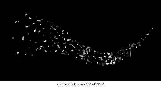 Silver confetti. Silver shine texture on a black background. Element of design. Silvery abstract textures are chaotically falling. Vector Illustration, EPS 10.