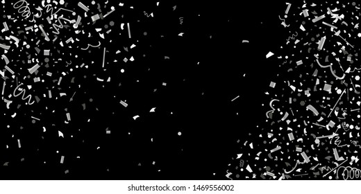 Silver confetti. Silver shine texture on a black background. Element of design. Silvery abstract textures are chaotically falling. Vector Illustration, EPS 10.