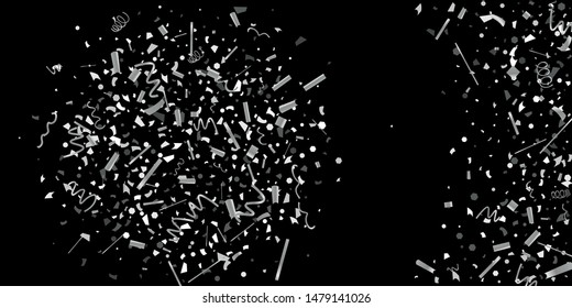 Silver confetti. Silver shine texture on a black background. Element of design. Silvery abstract textures are chaotically falling. Vector Illustration, EPS 10.