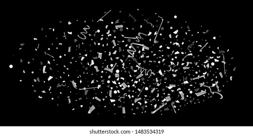Silver confetti. Silver shine texture on a black background. Element of design. Silvery abstract textures are chaotically falling. Vector Illustration, EPS 10.