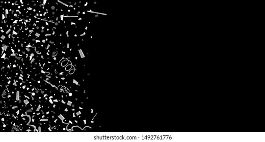 Silver confetti. Silver shine texture on a black background. Element of design. Silvery abstract textures are chaotically falling. Vector Illustration, EPS 10.