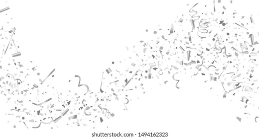 Silver confetti. Silver shine texture on a white background. Element of design. Silvery abstract textures are chaotically falling. Vector illustration, EPS 10..