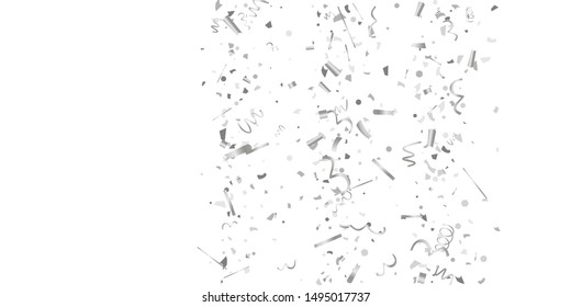 Silver confetti. Silver shine texture on a white background. Element of design. Silvery abstract textures are chaotically falling. Vector illustration, EPS 10..