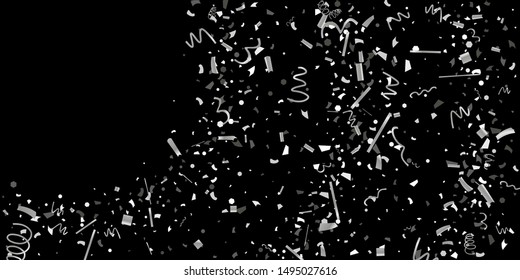 Silver confetti. Silver shine texture on a black background. Element of design. Silvery abstract textures are chaotically falling. Vector Illustration, EPS 10.