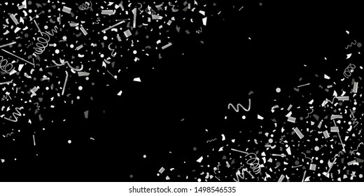 Silver confetti. Silver shine texture on a black background. Element of design. Silvery abstract textures are chaotically falling. Vector Illustration, EPS 10.