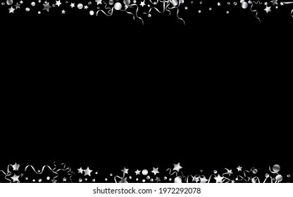 Silver Confetti Shiny Vector Black Background. Paper Streamer Branch. Ribbon Party Invitation. Silver Abstract Template.