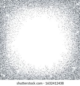 Silver confetti square frame isolated on white background. Shiny festive serpentine bright layout. Award ceremony decoration design element. Glossy festive serpentine vector illustration.