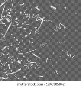 Silver confetti. Silver texture glitter on a transparent background. The element of design. The silvery abstract textures are chaotically falling. The Vector illustration, EPS 10.