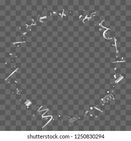 Silver confetti. Silver texture glitter on a transparent background. The element of design. The silvery abstract textures are chaotically falling. The Vector illustration, EPS 10.