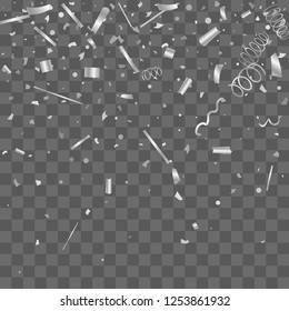 Silver confetti. Silver texture glitter on a transparent background. The element of design. The silvery abstract textures are chaotically falling. The Vector illustration, EPS 10.