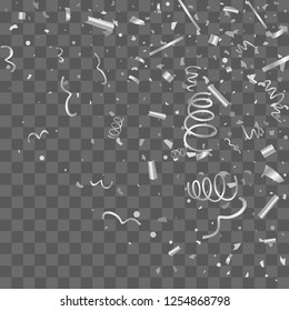 Silver confetti. Silver texture glitter on a transparent background. The element of design. The silvery abstract textures are chaotically falling. The Vector illustration, EPS 10.