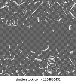 Silver confetti. Silver texture glitter on a transparent background. The element of design. The silvery abstract textures are chaotically falling. The Vector illustration, EPS 10.