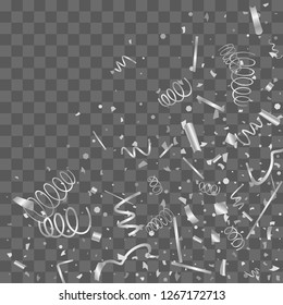 Silver confetti. Silver texture glitter on a transparent background. The element of design. The silvery abstract textures are chaotically falling. The Vector illustration, EPS 10.