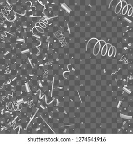 Silver confetti. Silver texture glitter on a transparent background. The element of design. The silvery abstract textures are chaotically falling. The Vector illustration, EPS 10.