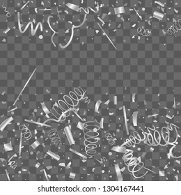 Silver confetti. Silver texture glitter on a transparent background. The element of design. The silvery abstract textures are chaotically falling. The Vector illustration, EPS 10.