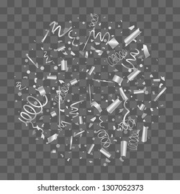 Silver confetti. Silver texture glitter on a transparent background. The element of design. The silvery abstract textures are chaotically falling. The Vector illustration, EPS 10.