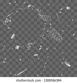 Silver confetti. Silver texture glitter on a transparent background. The element of design. The silvery abstract textures are chaotically falling. The Vector illustration, EPS 10.