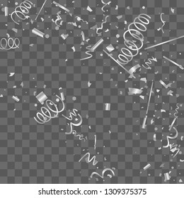 Silver confetti. Silver texture glitter on a transparent background. The element of design. The silvery abstract textures are chaotically falling. The Vector illustration, EPS 10.