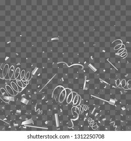 Silver confetti. Silver texture glitter on a transparent background. The element of design. The silvery abstract textures are chaotically falling. The Vector illustration, EPS 10.